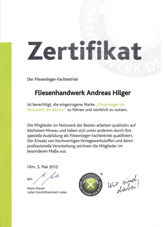 Urkunde: Fliesenleger im Netzwerk der Besten