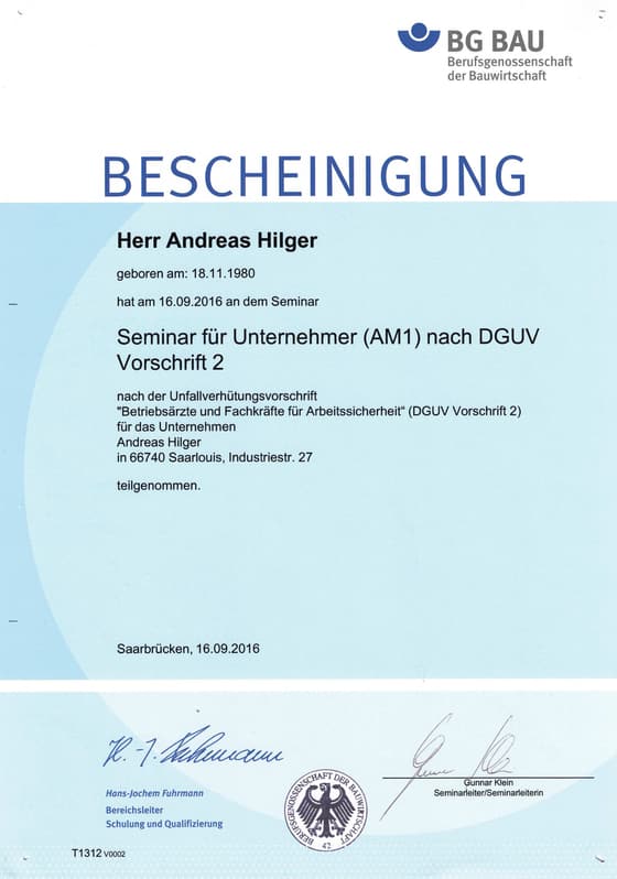 Urkunde: Seminar für Unternehmer nach DGUV Vorschrift 2